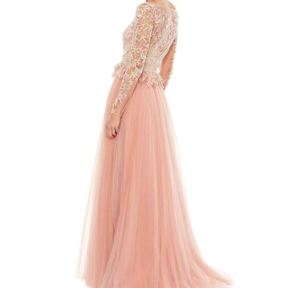 NWT MAC DUGGAL EMBROIDED LACE LONG SLEEVED ROSE GOLD GOWN SZ 8 11168 - Picture 2 of 9